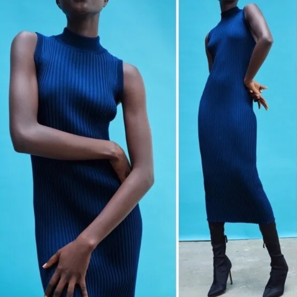Dark Blue Midi Ribbed Dress Zara | Worn Once!